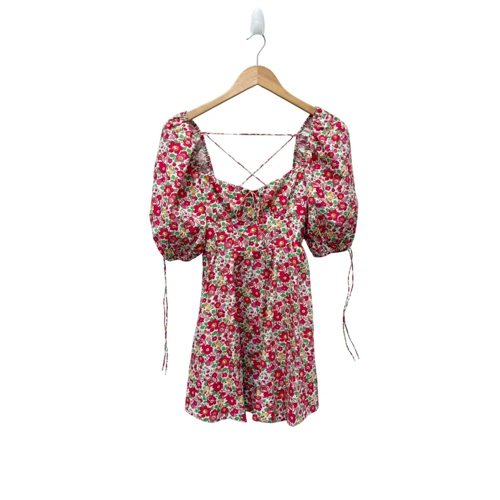 For Love & Lemons XS Floral Puff Sleeve Lace Up Back Mini‎ Dress Red Pink Cotton